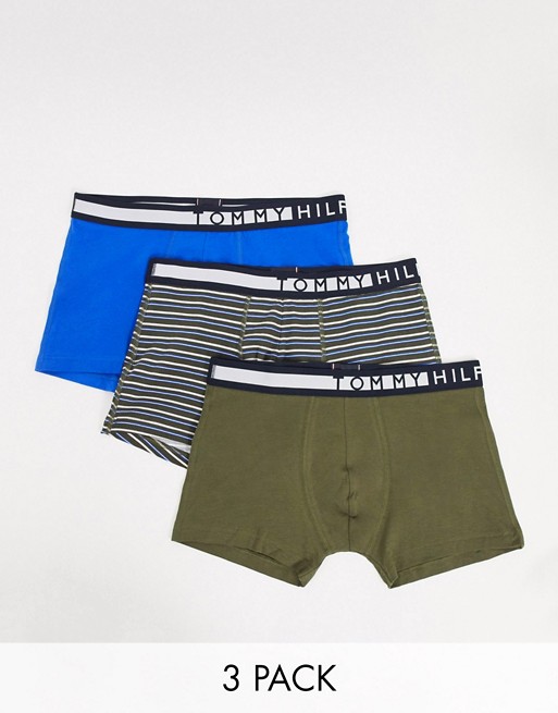 Tommy Hilfiger 3 pack trunk in blue/green/stripe with contrasting logo waistband