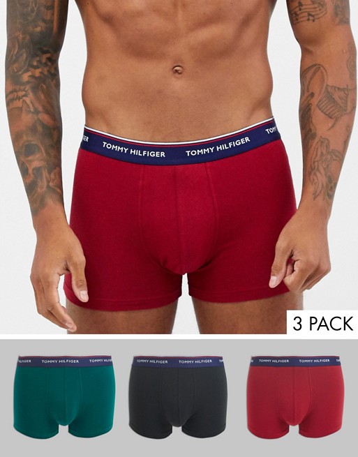 Tommy Hilfiger 3 pack trunks in black/green/red with navy logo waistband