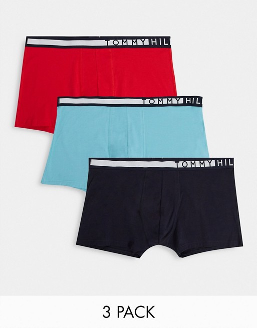 Tommy Hilfiger 3 pack trunks in black/turquoise/red with logo waistband