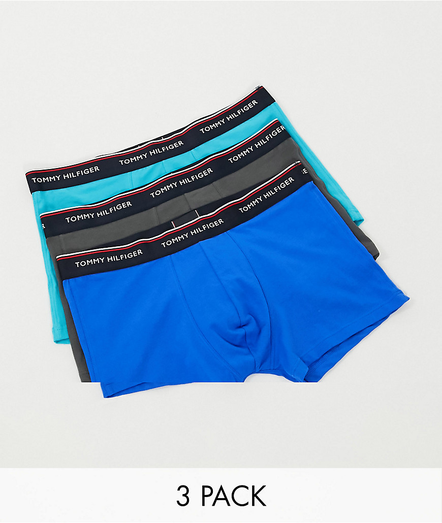 Tommy Hilfiger 3 pack trunks in blue/gray/turquoise with logo waistband-Multi