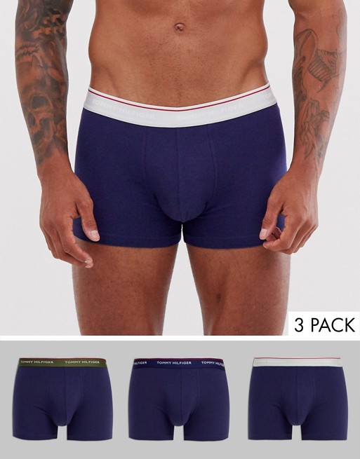 Tommy Hilfiger 3 pack trunks in navy with contrast olive/navy/grey logo waistband