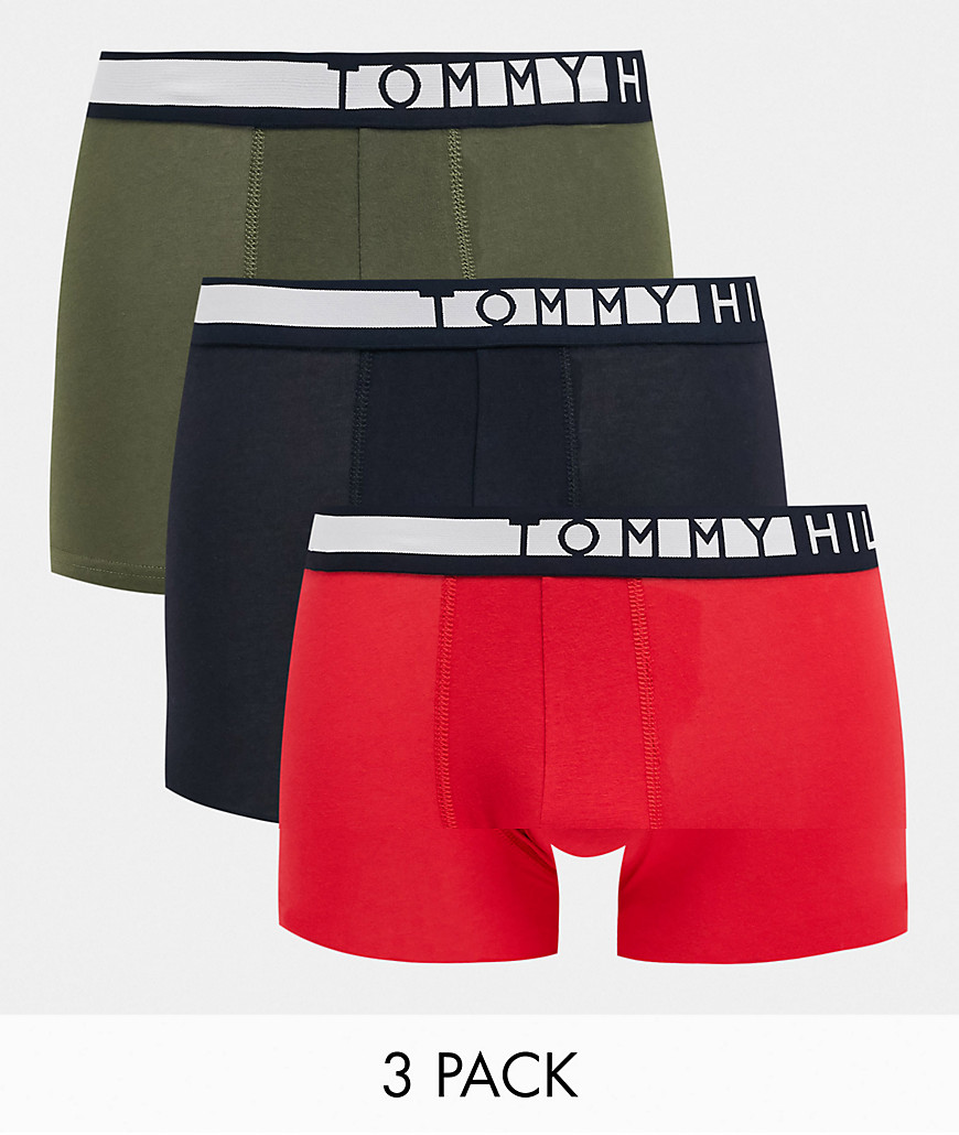 Tommy Hilfiger 3 pack trunks in olive/red/navy with logo waistband-Multi