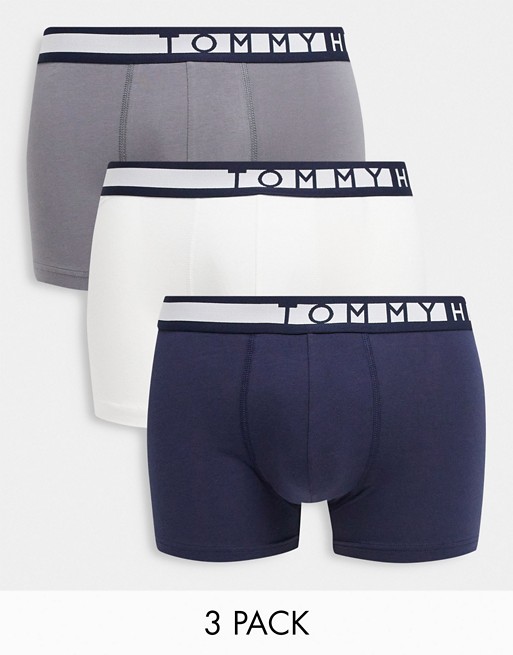 Tommy Hilfiger 3 pack trunks in white/black/grey with logo waistband