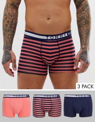 Tommy Hilfiger – 3-pack trunks med kontrasterande randigt/rosa/mörkblått midjeband-Flerfärgad