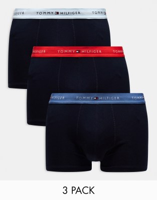 Tommy Hilfiger 3-pack trunks with colored logo waistband in navy