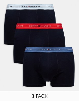 Tommy Hilfiger 3-pack trunks with coloured logo waistband in navy | ASOS