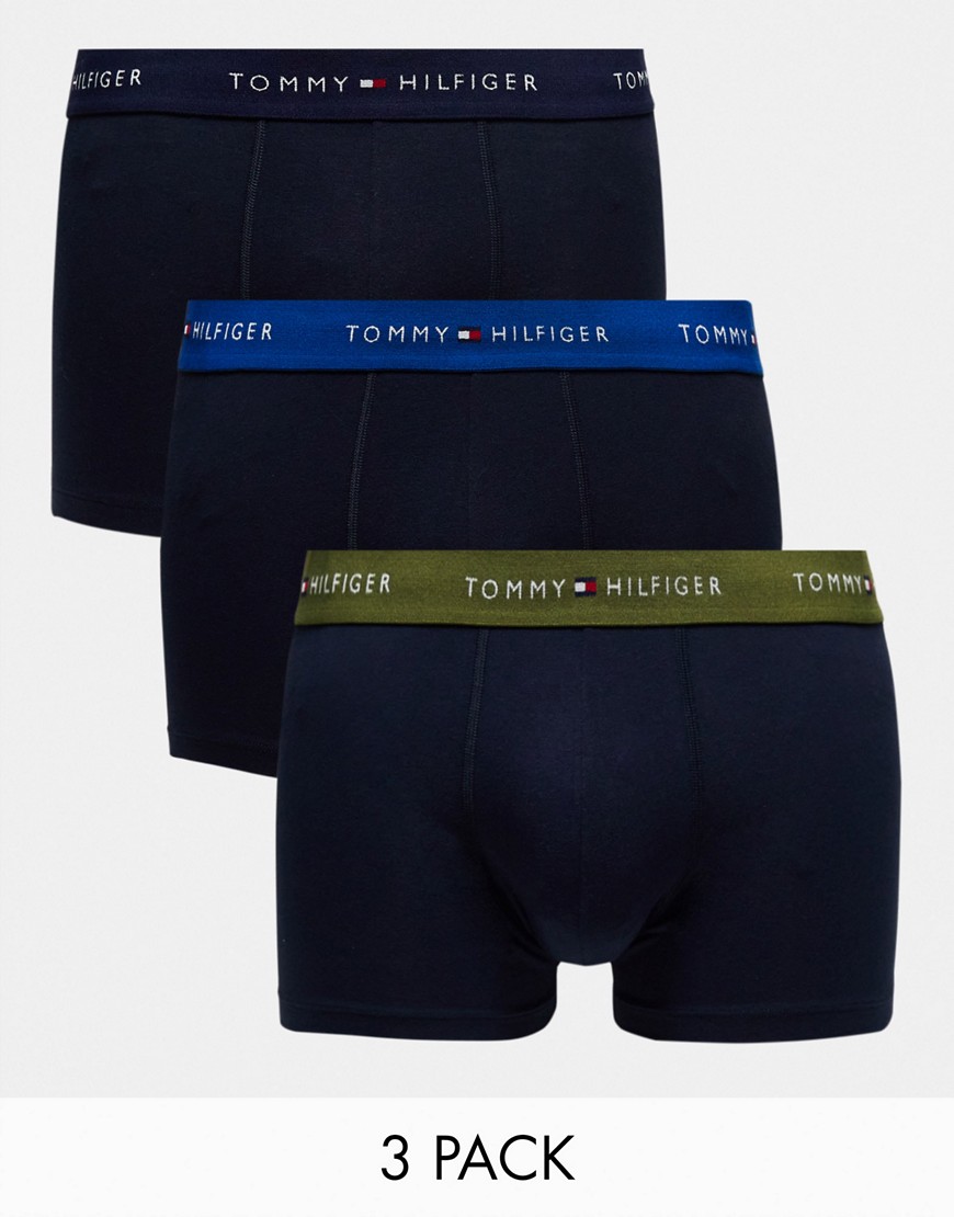 Tommy Hilfiger 3-pack trunks with coloured logo waistband in navy