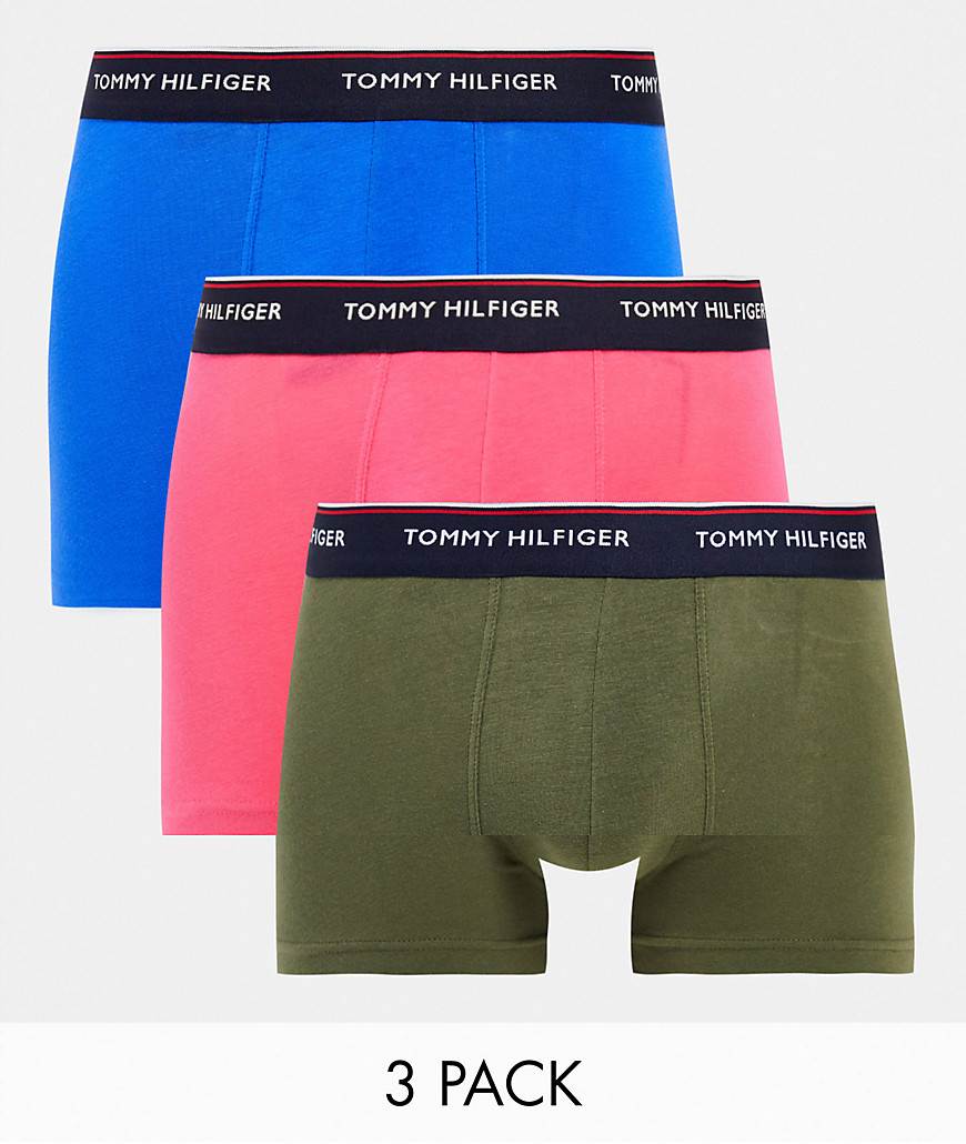 Tommy Hilfiger 3 pack trunks with logo waistband in blue/pink/olive-Multi