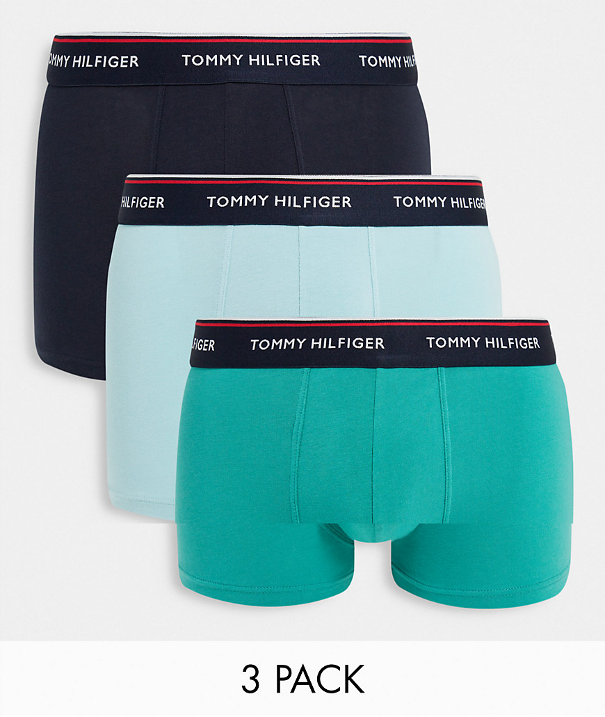 Tommy Hilfiger 3 pack trunks with logo waistband in navy/blue/green