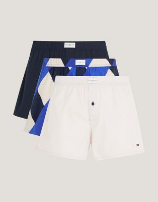 Tommy Hilfiger 3 pack woven boxer in beige and navy print