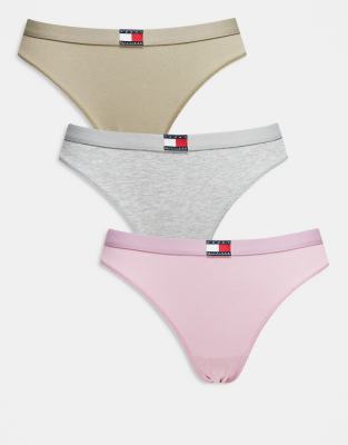Tommy Hilfiger - 3er-Pack Bikinislips in Rosa, Grau und Salbeigrün mit Flaggenlogo-Bunt