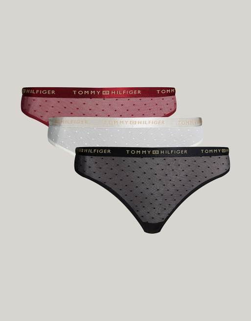 Tommy Hilfiger – 3er-Pack Netzstoff-Tanga in verschiedenen Farben mit Logo im Geschenk-Set