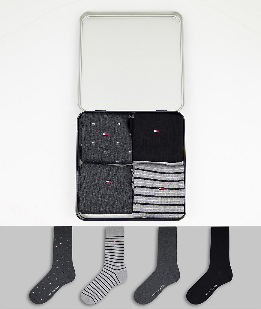Tommy Hilfiger 4 pack stripe dot and plain socks in black