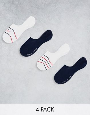Tommy Hilfiger 4 pack trainer socks in white/navy with flag logo