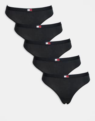Tommy Hilfiger 5 Pack Flag Detail Thong In Black