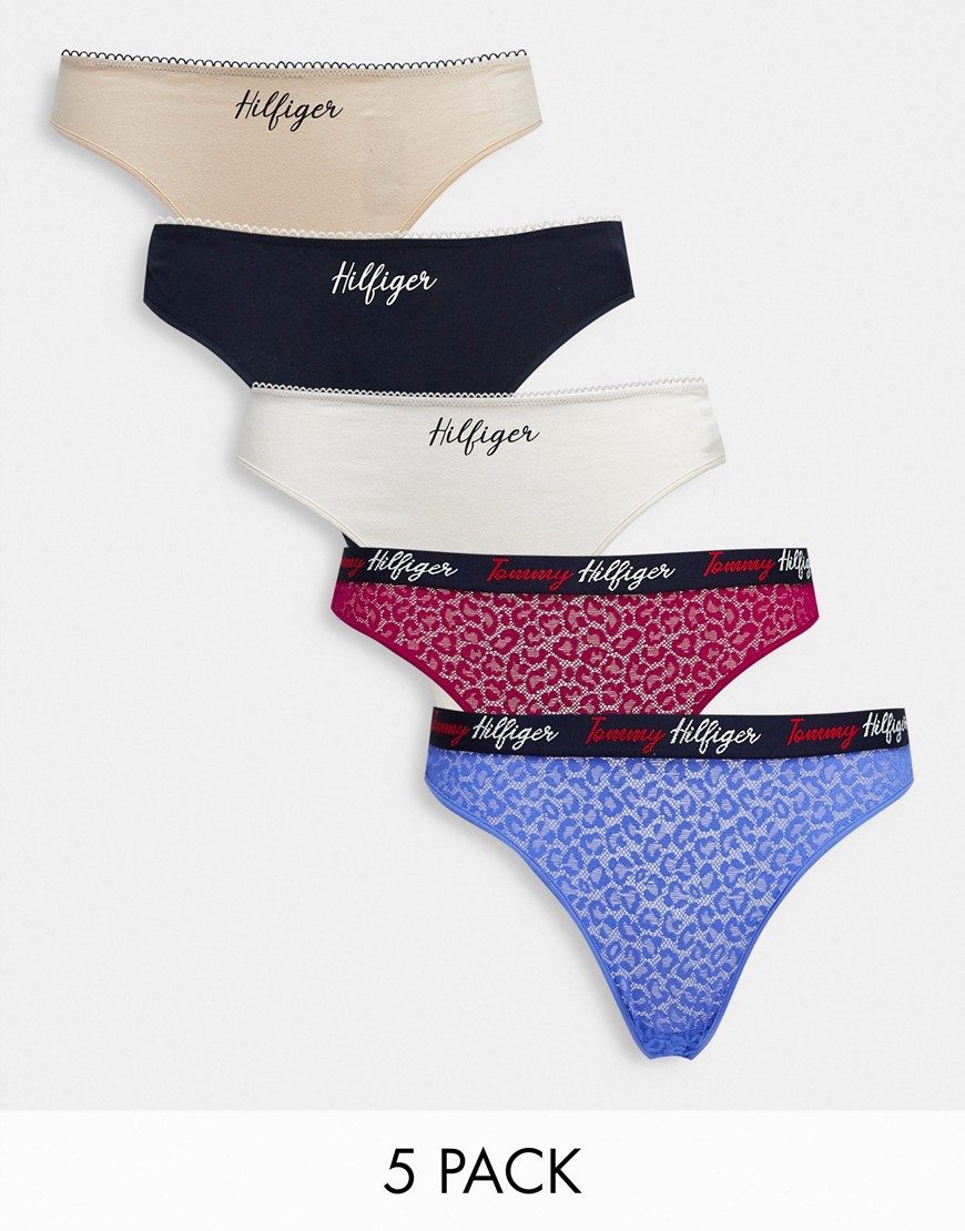 Tommy Hilfiger 5 Pack Thong In Multi Cotton And Lace Mix