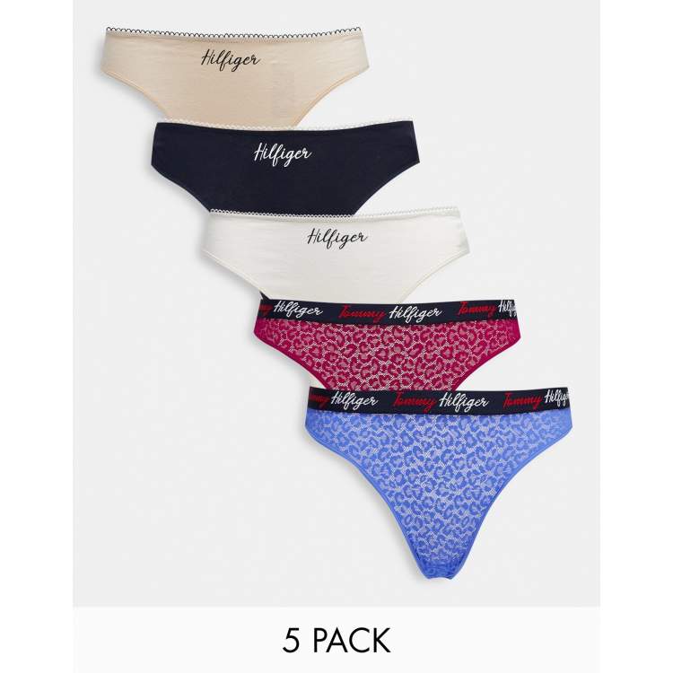 Tommy Hilfiger 5 pack thong in multi cotton and lace mix