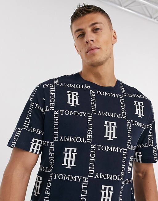Tommy Hilfiger all over monogram logo beach t-shirt in navy