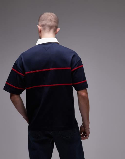 Tommy Hilfiger - Americana - Top a maniche corte stile rugby blu navy, 4 di 4