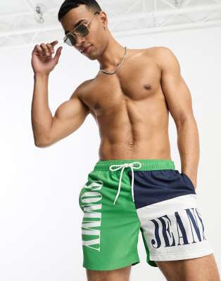 Tommy Hilfiger archive medium drawstring color block swim shorts in coastal green