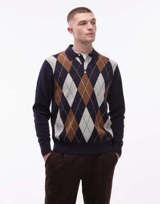 Tommy Hilfiger argyle pattern long sleeve knit rugby polo shirt in navy and brown