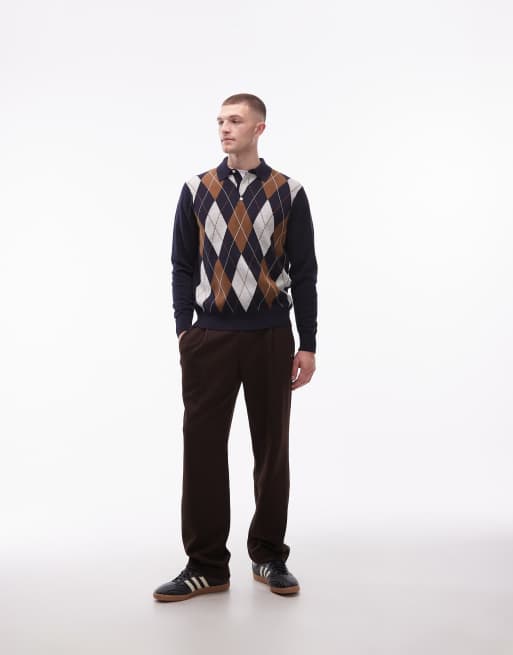 Tommy Hilfiger argyle pattern long sleeve knitted rugby polo shirt in navy and brown , 2 of 5