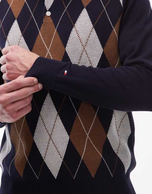 Tommy Hilfiger argyle pattern long sleeve knitted rugby polo shirt in navy and brown , 3 of 5