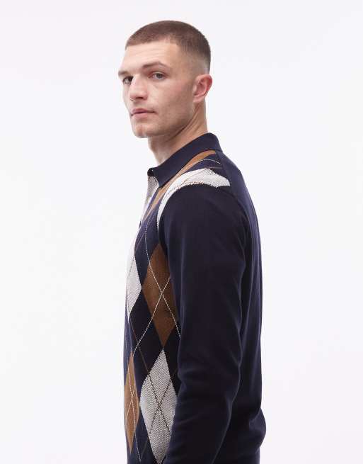 Tommy Hilfiger argyle pattern long sleeve knitted rugby polo shirt in navy and brown , 4 of 5