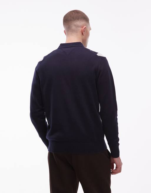 Tommy Hilfiger argyle pattern long sleeve knitted rugby polo shirt in navy and brown , 5 of 5