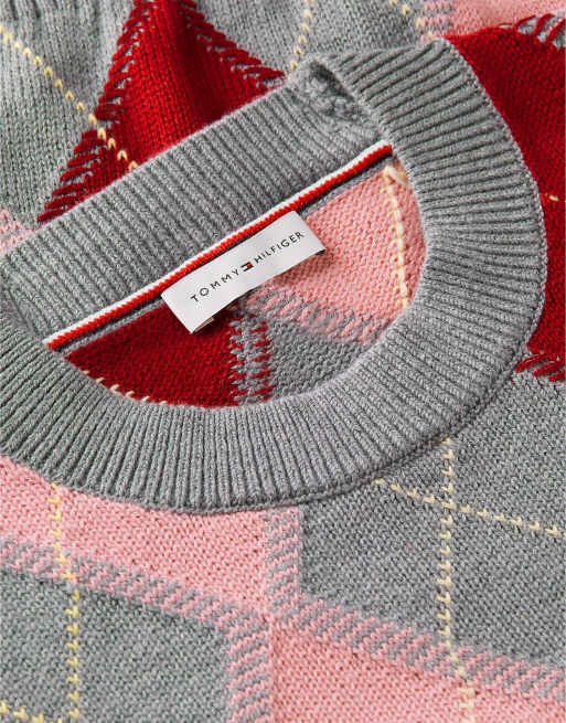 Tommy Hilfiger Argyle Relaxed-Pullover mit Rundhalsausschnitt in mehrfarbigem Grau, 6 von 6