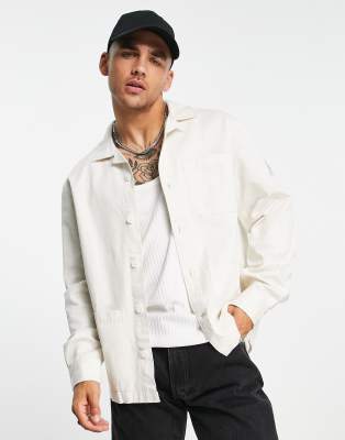 Tommy Hilfiger arm patch logo twill overshirt jacket in cream-White