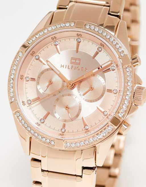 Tommy Hilfiger - Armbandhorloge voor dames met omlijsting met siersteentjes in roségoud 1782558