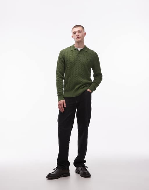 Tommy Hilfiger - Army-grøn kabelstrikket polo med lange ærmer, 2 af 5