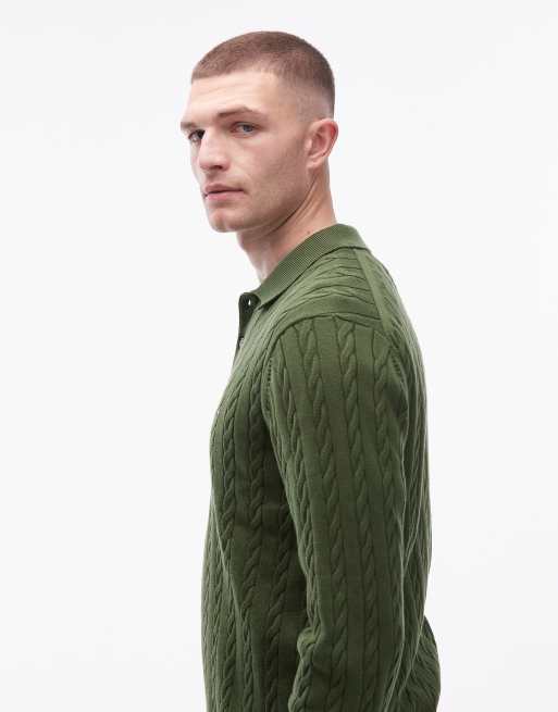 Tommy Hilfiger - Army-grøn kabelstrikket polo med lange ærmer, 4 af 5