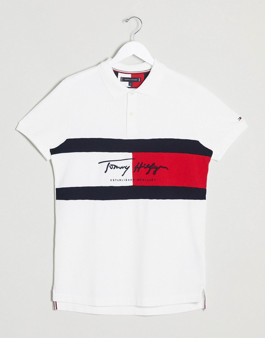 Tommy Hilfiger autograph flag logo slim fit polo in white
