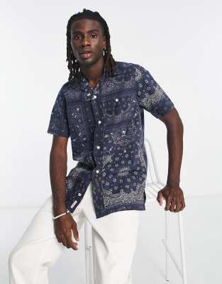 Navy regular fit bandana print revere shirt