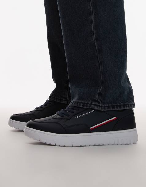 Tommy Hilfiger Basket core trainers with stripe logo in navy  - view 1