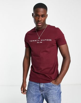 Tommy Hilfiger embroidered logo cotton t-shirt in burgundy  - ASOS Price Checker