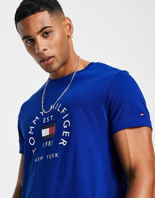 Tommy Hilfiger flag arch logo cotton t-shirt in mid blue  - ASOS Price Checker