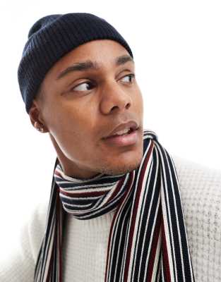 Tommy Hilfiger Beanie And Striped Scarf Gift Set In Navy-blue