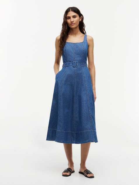 Tommy Hilfiger Belted denim fit and flare midi dress in dark blue - view 1