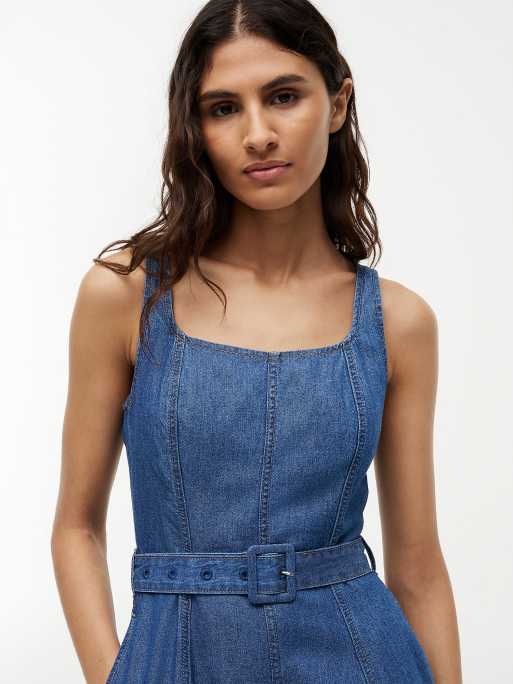 Tommy Hilfiger Belted denim fit and flare midi dress in dark blue | ASOS
