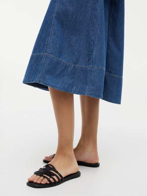 Tommy Hilfiger Belted denim fit and flare midi dress in dark blue | ASOS