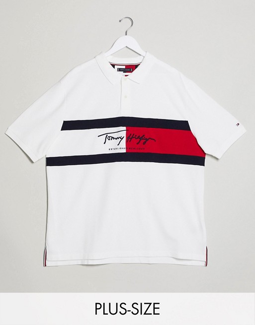 Tommy Hilfiger Big and Tall autograph flag logo slim fit polo in white