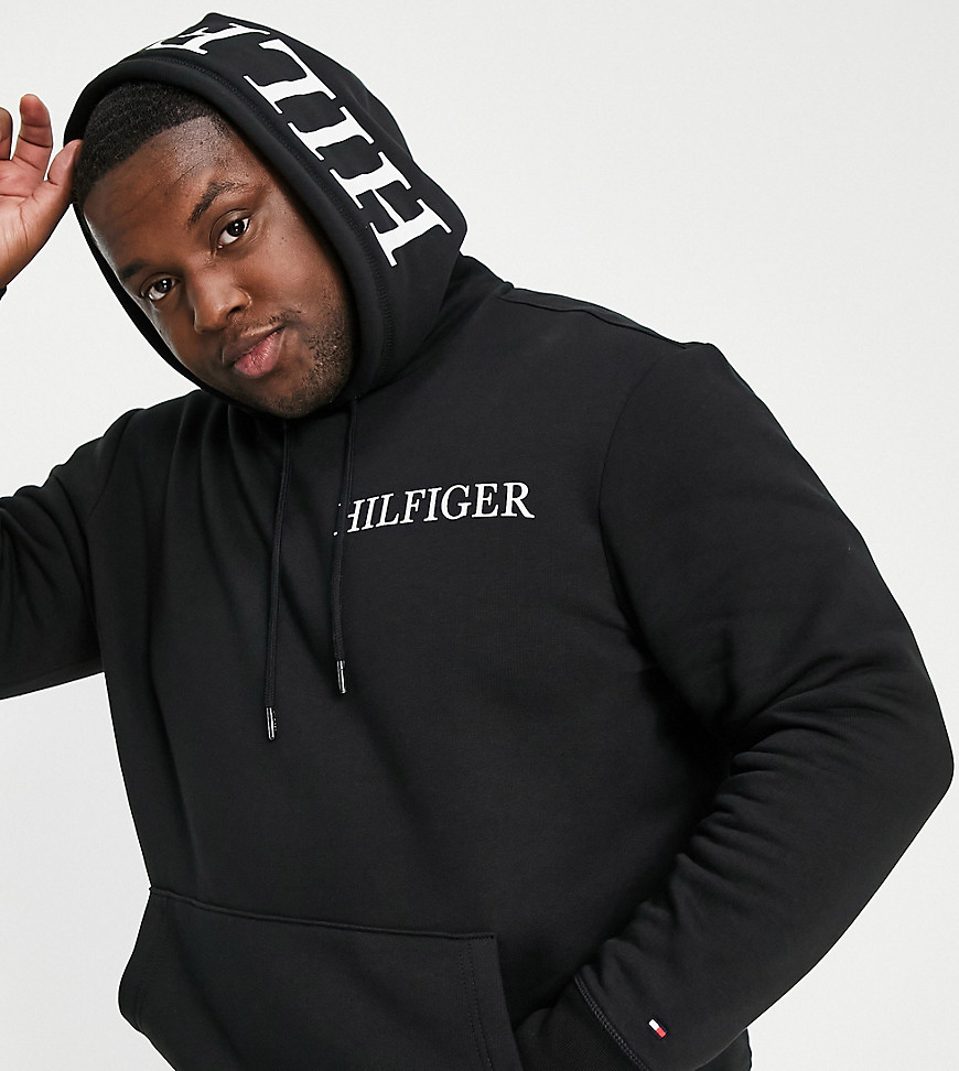TOMMY HILFIGER BIG & TALL CHEST AND HOOD LOGO HOODIE IN BLACK
