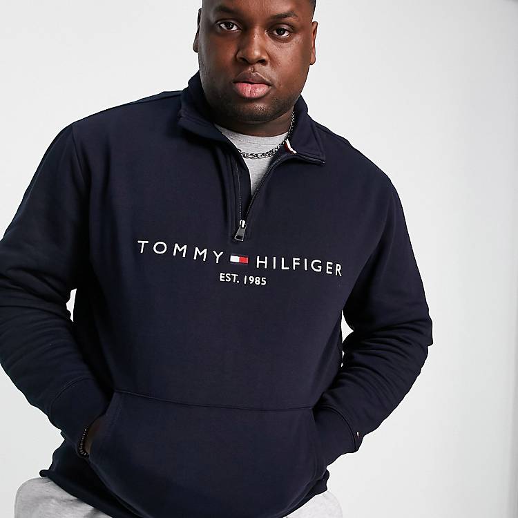 Tommy Hilfiger Big & Tall embroidered flag logo half zip sweatshirt in navy  | ASOS