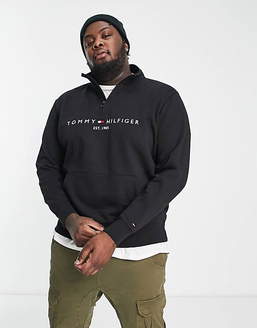 Tommy Hilfiger Big & Tall embroidered logo half zip sweatshirt in black |  ASOS