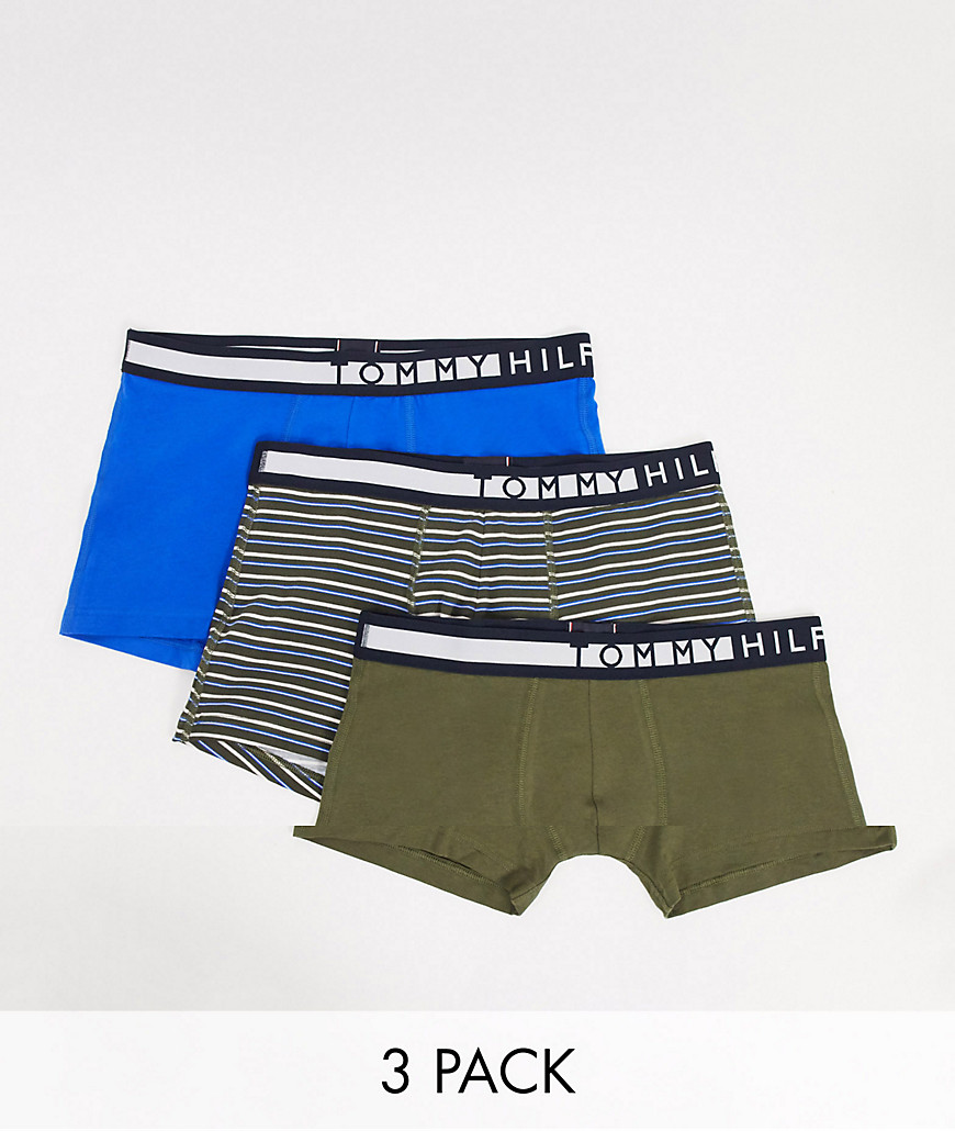 Tommy Hilfiger – Blå/gröna/randiga trunks med kontrasterande logga på midjebandet i 3-pack-Flerfärgad
