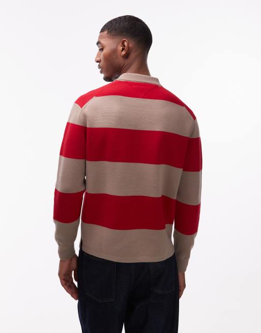 Tommy Hilfiger block stripe long sleeve rugby polo shirt in red and tan , 3 of 5