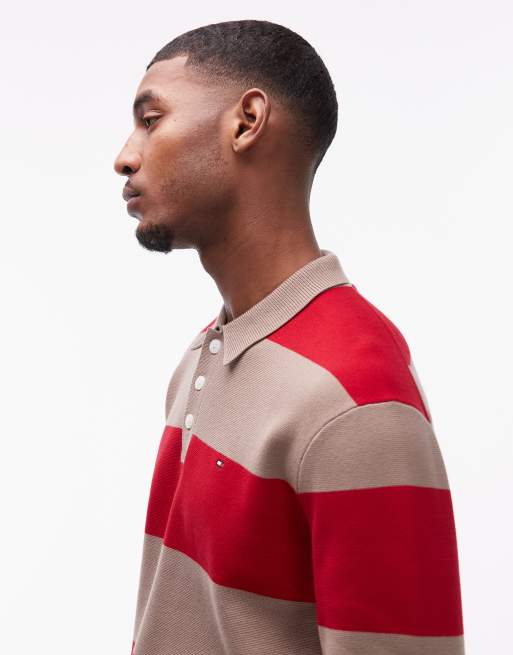 Tommy Hilfiger block stripe long sleeve rugby polo shirt in red and tan , 4 of 5